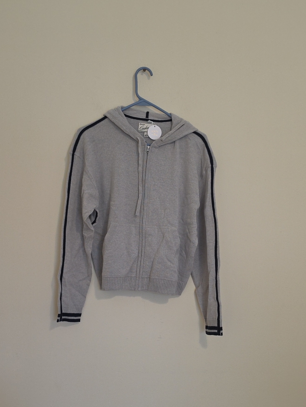 J. Crew Light Gray Zip Hoodie with Black Sleeve Stripes